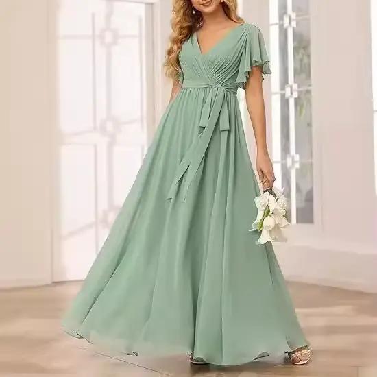 Robe longue en mousseline de soie pour femmes, Semi-formelle, manches courtes, col en v, longueur au sol, robe Maxi