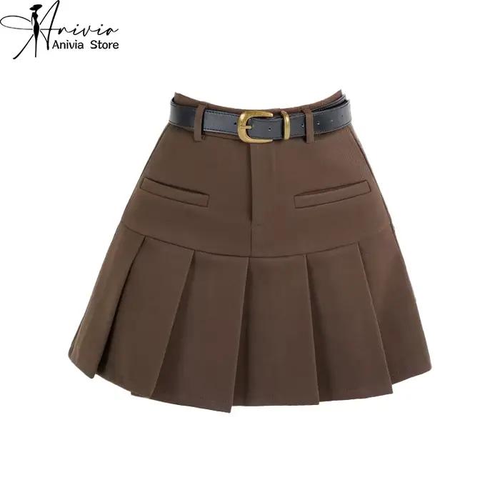 Mini jupe plissée taille haute style Harajuku femme décontractée marron pour junior automne été vêtement occasionnels