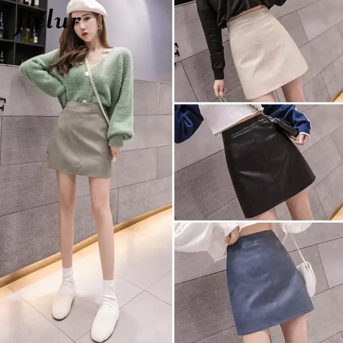Jielur – Mini jupe en cuir taille haute pour femme