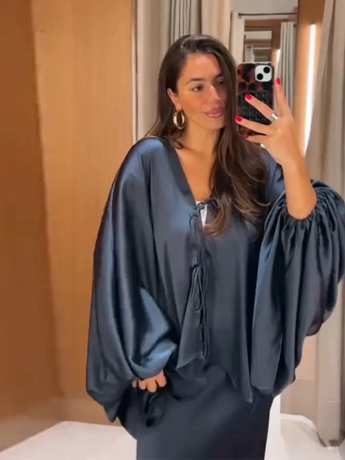 Ensembles de jupes pour femmes : Hauts amples à col en V et manches lanternes avec lacets