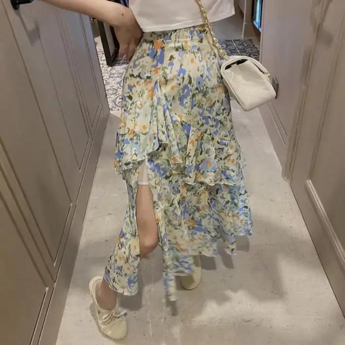 Jupe femme à volants plissée florale Maxi longue à carreaux avec jupes fendues pour femmes en mousseline de soie vêtements plissés été 2025 Vintage pas cher V