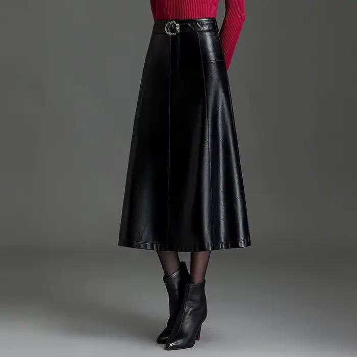 ZUZK – jupe trapèze en cuir Pu avec ceinture pour femmes