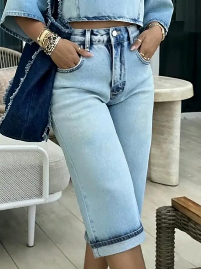 Jean large taille haute délavé bleu clair style vintage pour femme Bonboho – Collection été 2026 – Tenue de vacances en denim