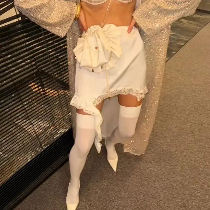 Mini-jupe en dentelle asymétrique à volants taille haute pour femme – Élégante