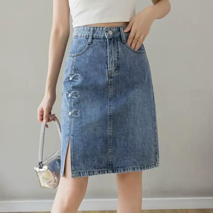 Jupes en jean pour femmes bleu aux genoux longueur avec fente taille haute femme jupe