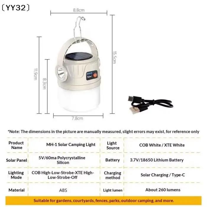 Lampe de camping à longue durée de vie, alimentée par énergie solaire, prend en charge la charge de type C, lampe de tente portable d'extérieur, lampe de secours, crochet〔YY32〕