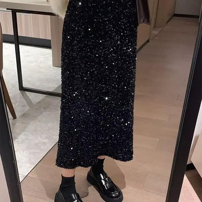 Jupe Maxi Faldas Mujer Vintage tempérament noir velours paillettes jupes Юбка