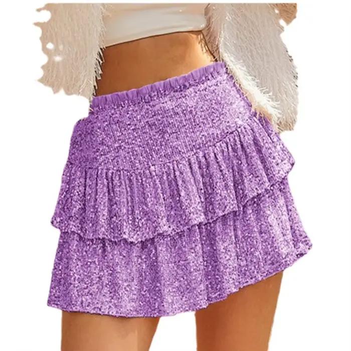 Nouvelle jupe courte plissée unie à sequins et perles pour femme 2026