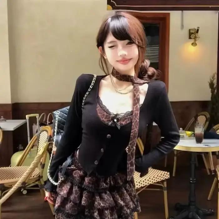 Ensemble Punk rétro sexy junior KAMEHARA en polyester haut manches longues jupe à gâteau pour femmes toutes les saisons occasions spéciales