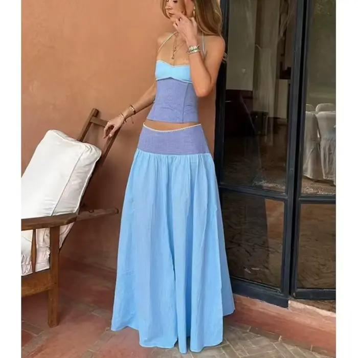 Ensemble jupe femme été rayé colorblock sexy dos nu hauts à lacets taille mi-haute