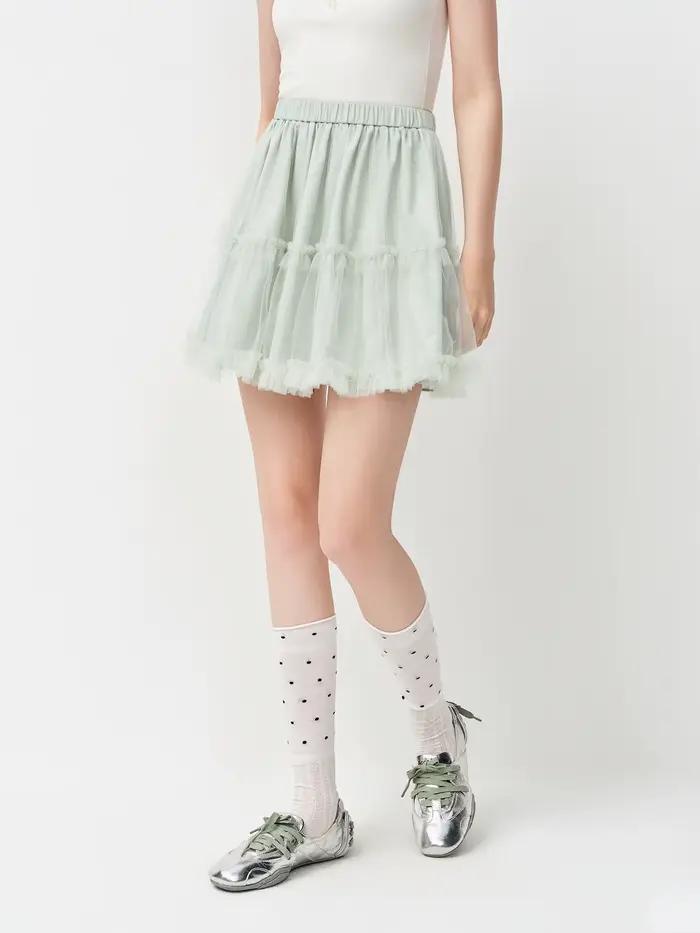 Jupe trapèze en tulle style français vert FSLE, nouvelle collection été 2026, double couche, plis à volants, silhouette élégante, sortie nocturne, décontractée, femmes, occassions spéciales