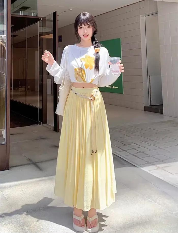 Boho femmes jupe coton lin jaune femme jupes taille haute Harajuku 2025 tendance luxe élégant Vintage