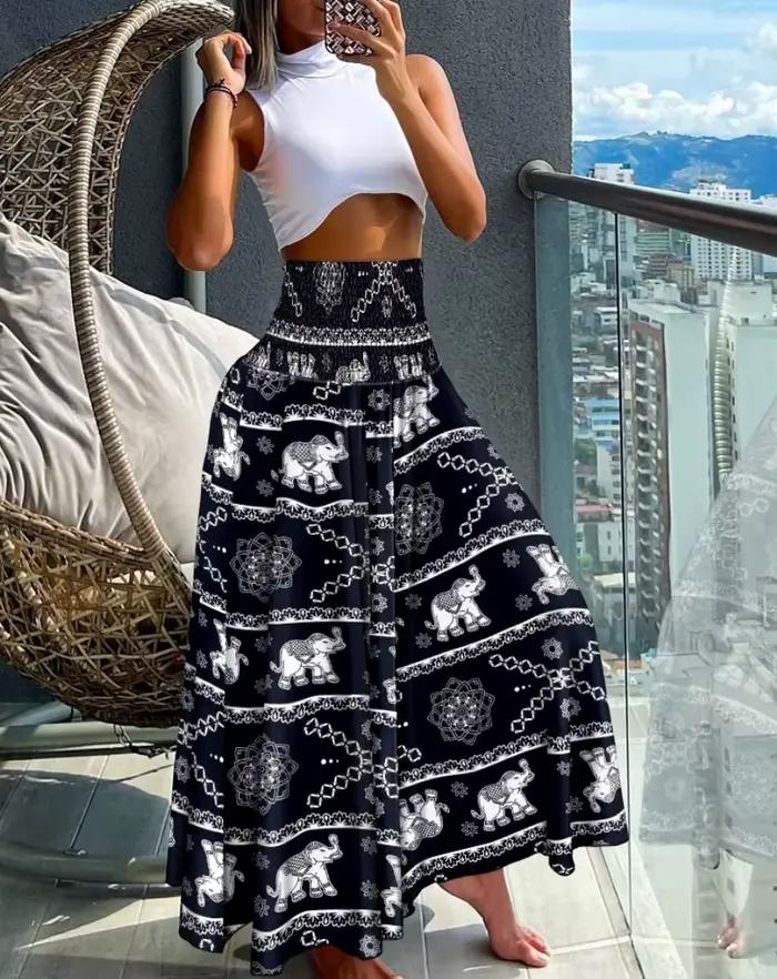 Jupe longue en polyester imprimée floral pour femmes, style bureau dame, jupe estivale pour plage et occasions spéciales