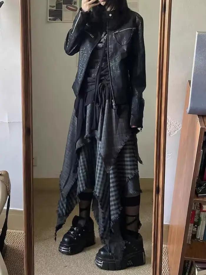 Jupe femme à carreaux irréguliers 2025 Faldas Mujer De Moda taille haute a-ligne glands
