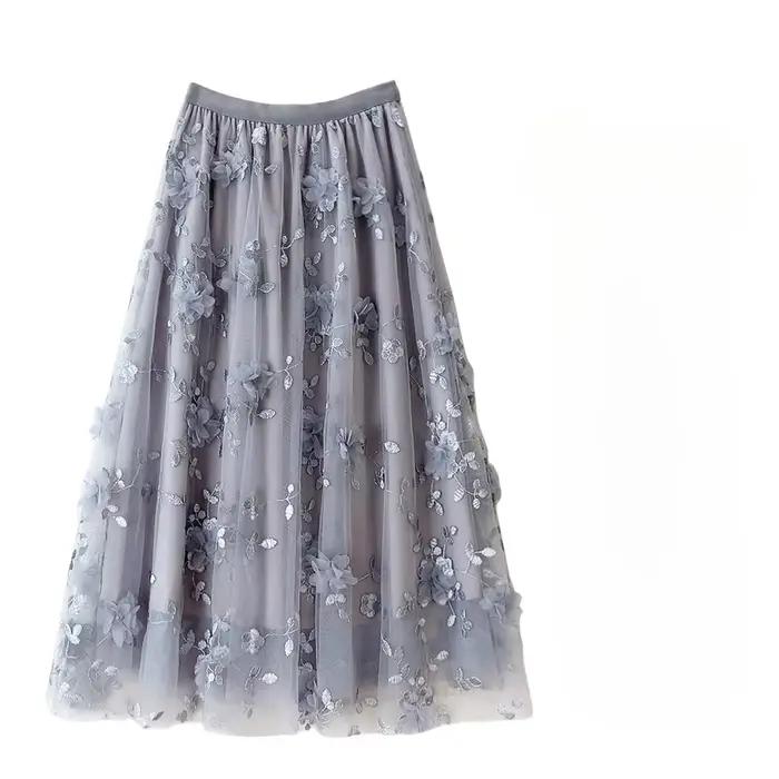 Jupe mi-longue en tulle taille haute brodée de fleurs 3D pour femmes