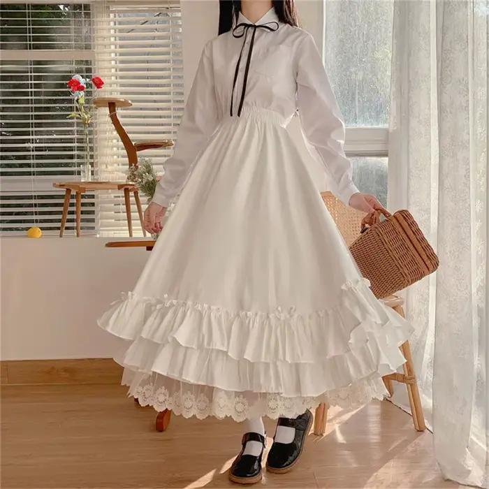 Style coréen noir blanc demi-jupe femme jupes longues japonais couleur unie Double couche Vintage français à volants a-ligne jupe