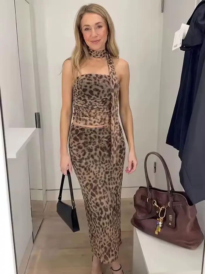 Ensemble jupe midi imprimée léopard HH pour femmes