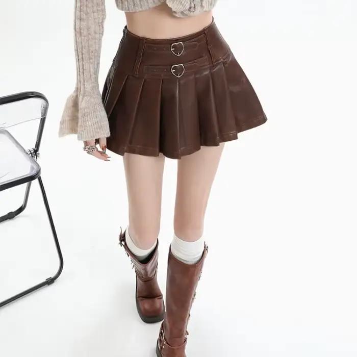 Deeptown Vintage jupe en cuir marron femmes Y2k Sexy gothique plissé Mini