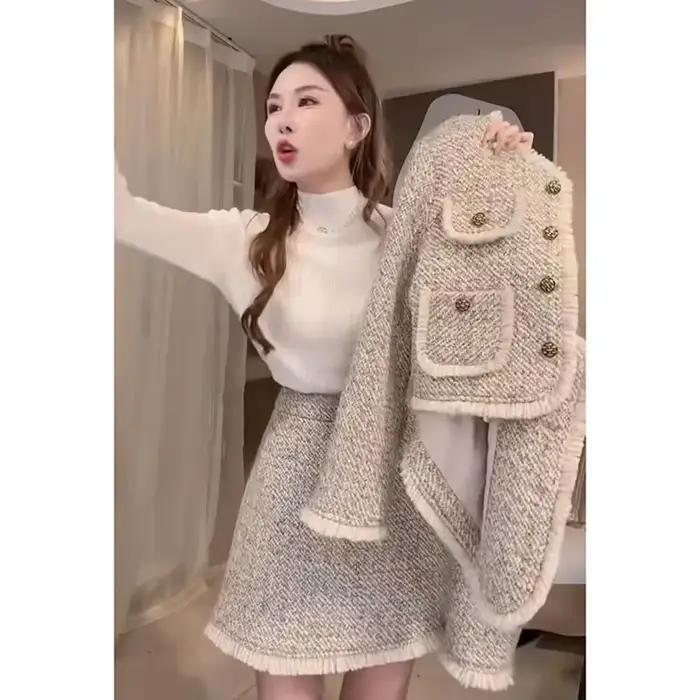 Veste en tweed à manches longues et mini jupe taille haute pour femmes