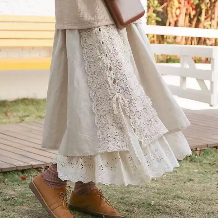 Vintage Chic broderie lin coton jupes longues femmes été élastique taille haute plissée Maxi jupe femme élégante a-ligne