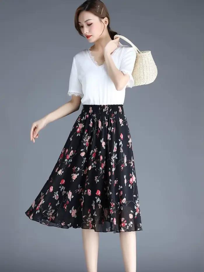 Jupes féminines à fleurs jusqu'aux genoux longueur jupe femme en mousseline de soie Vintage pas cher mode coréenne haute qualité Streetwear 2025 tendance V Y2k
