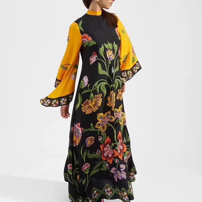 Robe longue ethnique rétro imprimée style Boho pour femmes, Sexy, col montant, à lacets, robe de soirée, manches longues, ample, Maxi, automne