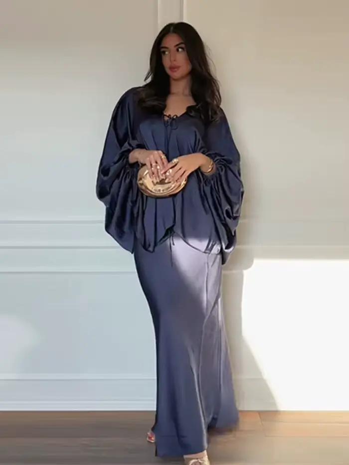 Ensembles de jupes pour femmes : Hauts amples à col en V et manches lanternes avec lacets
