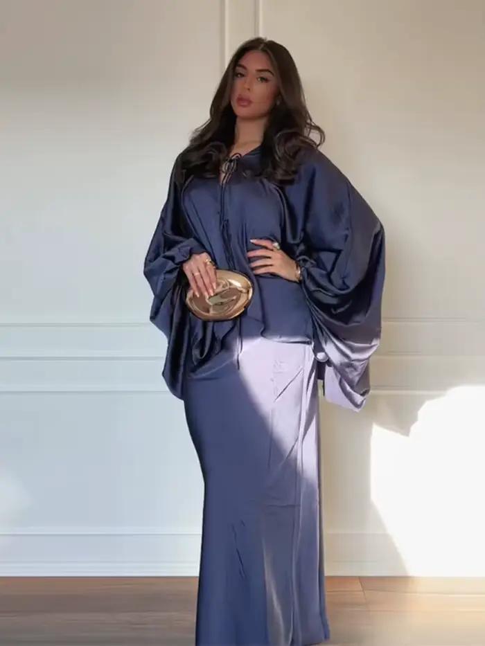 Ensembles de jupes pour femmes : Hauts amples à col en V et manches lanternes avec lacets