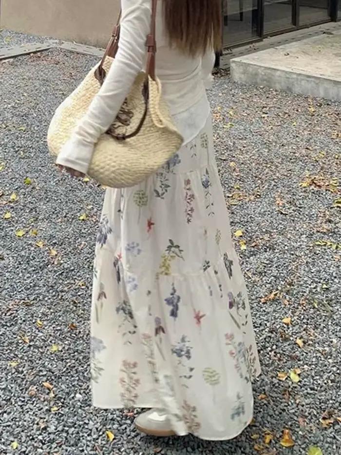 Jupes longues florales femmes douce taille haute mode élégante une ligne jupe décontracté Style Preppy français ample