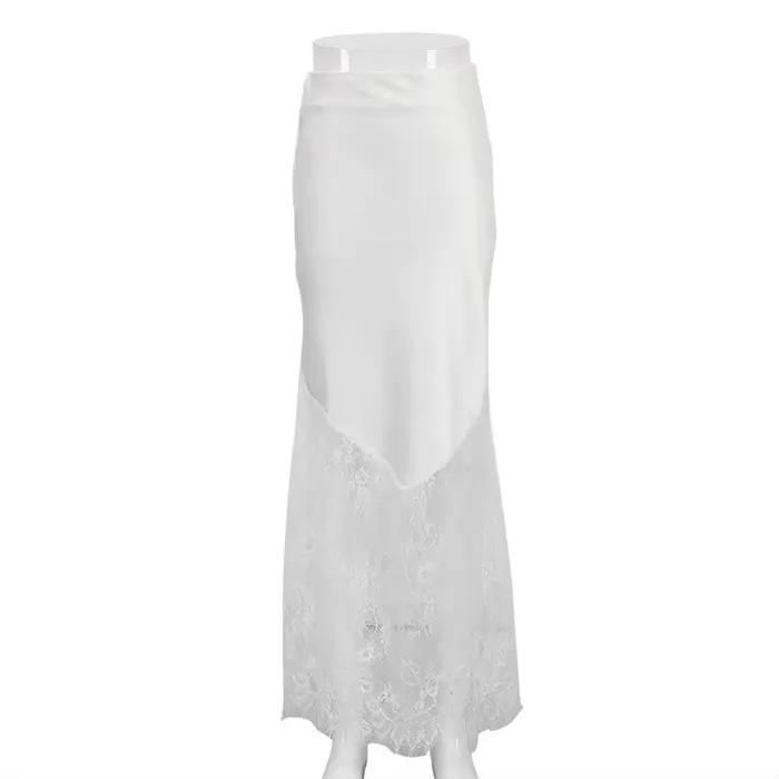 Dentelle Patchwork Satin jupe longue femmes été fermeture éclair taille haute élégant a-ligne Faldas femme élégante Simple mode Maxi jupes