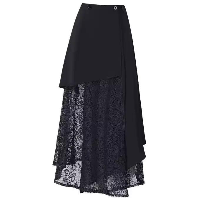 Jupe longue trapèze noire asymétrique à taille haute avec dentelle