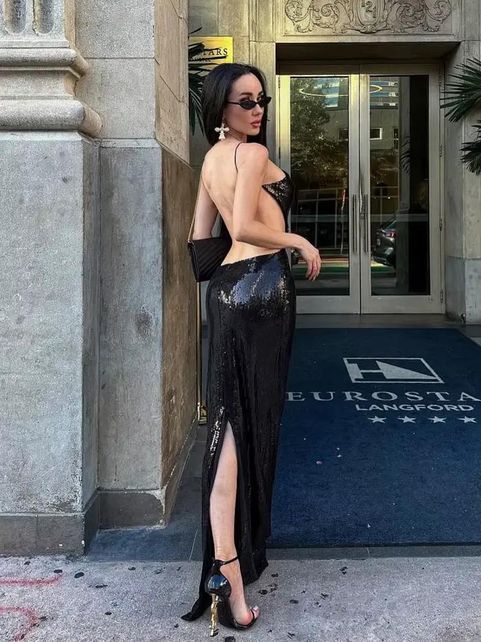 Robe longue noire sexy à paillettes et décolleté plongeant profond – Nouvelles robes de soirée d'été dos nu