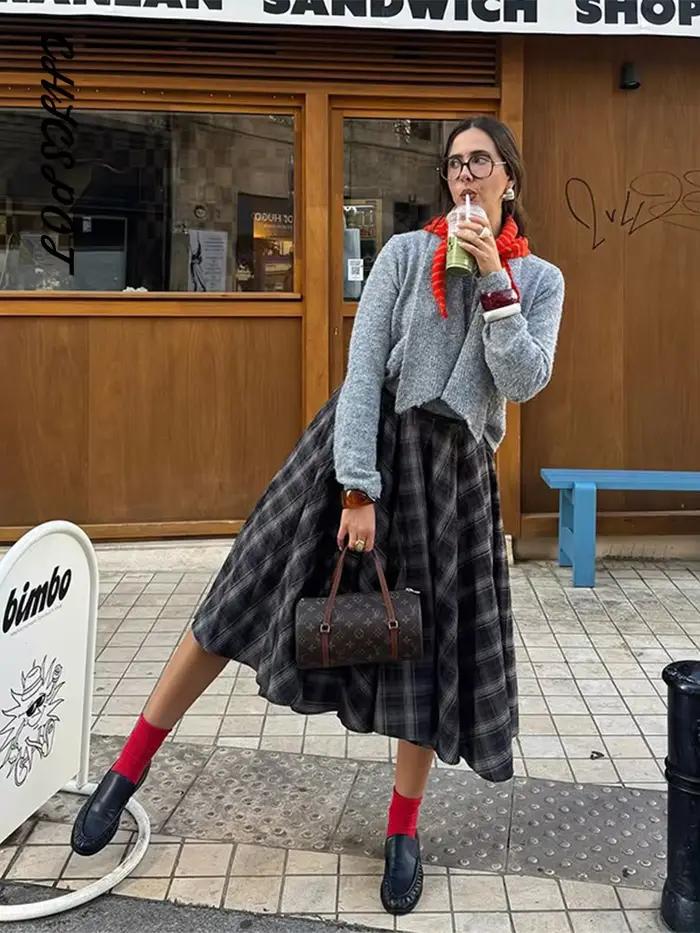 Jupe circulaire imprimée à carreaux pour femmes