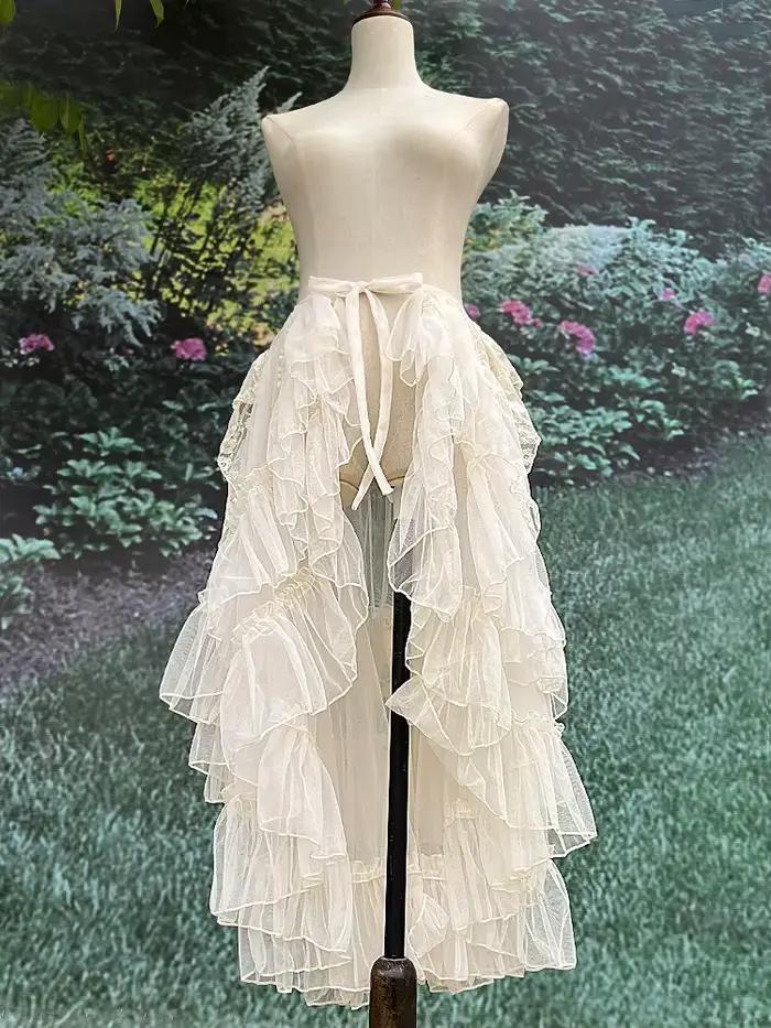 Gothique Lolita dentelle maille volants fée princesse jupe de fête femmes asymétrique mignon rideau pure couvrir mince