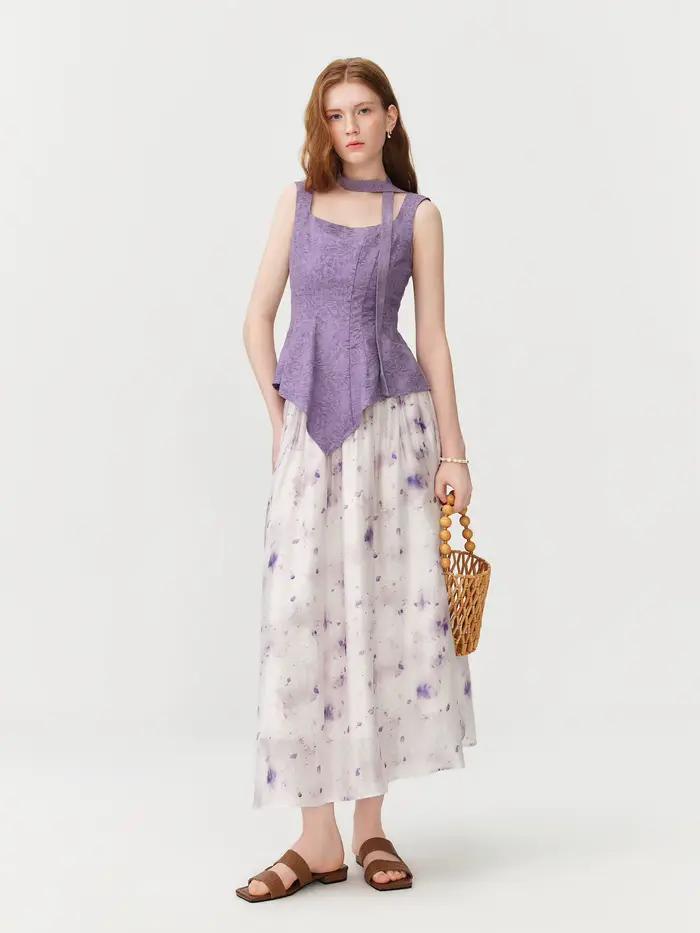 Jupe midi évasée tie-dye lilas FSLE 2026 pour femme