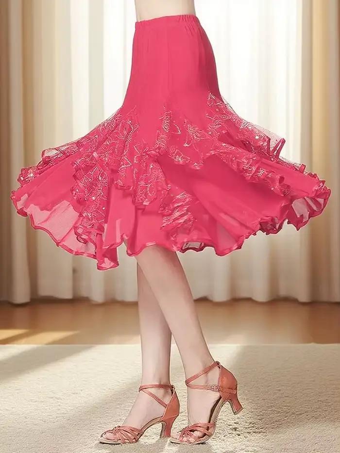 Jupe de danse longue et élégante à volants pour femmes et jeunes filles