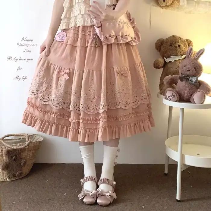 Jupe mi-longue en dentelle brodée Lolita Vintage kawaii écolière prairie rose Y2k occassions spéciales ```