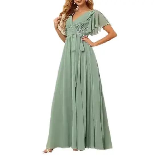 Robe longue en mousseline de soie pour femmes, Semi-formelle, manches courtes, col en v, longueur au sol, robe Maxi