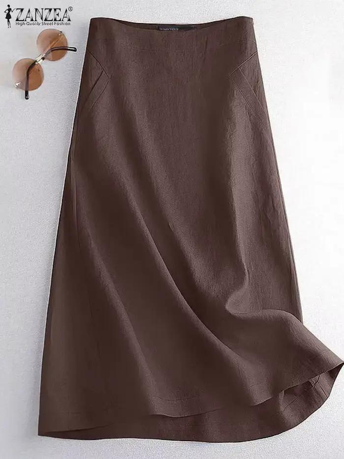 ZANZEA Vintage été élégant taille haute a-ligne jupes femmes décontracté fête travail Faldas Saia solide Midi Jupe