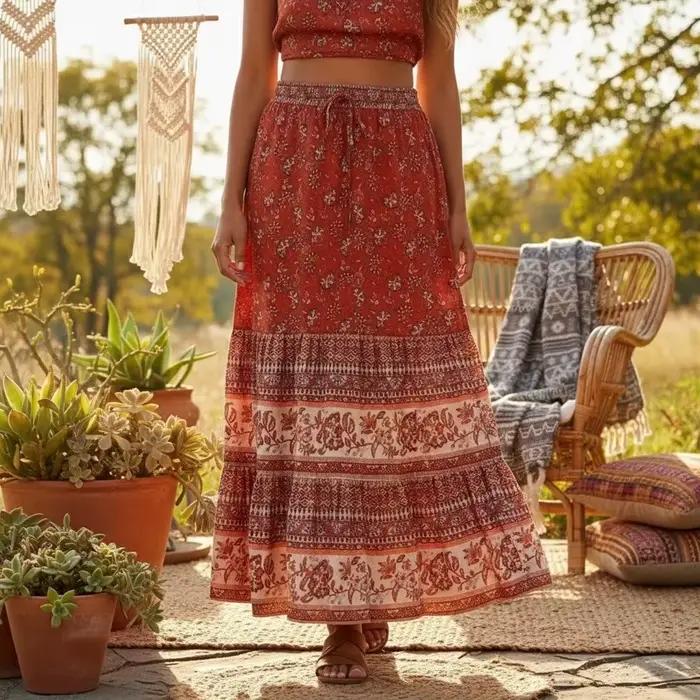 Hippie Queens femmes gothique Floral paon imprimé taille haute élastique plage bohème jupe dames a-ligne Midi Boho jupes