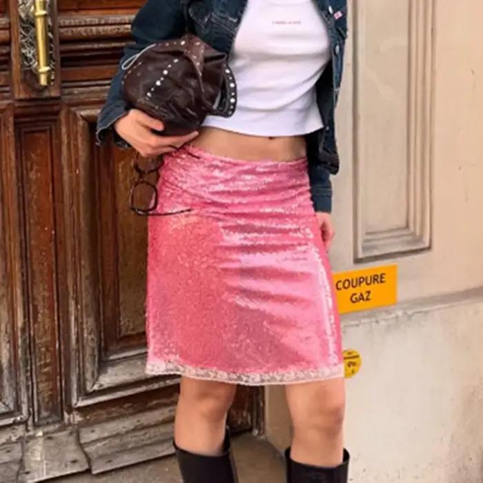 Jupe mi-longue à paillettes garniture en dentelle polyester velours pour femmes junior mode été soirée festival style Y2K streetwear