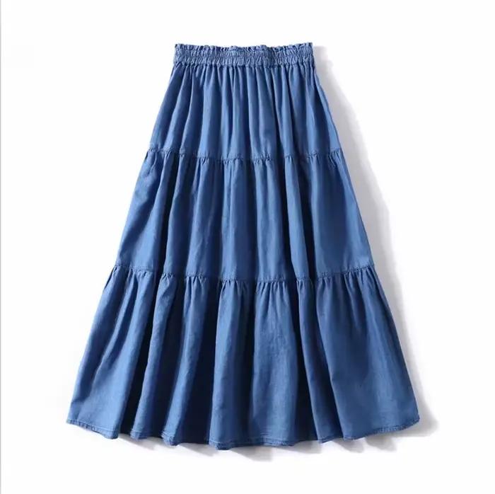 Jupe longue taille haute à volants en denim pour femmes