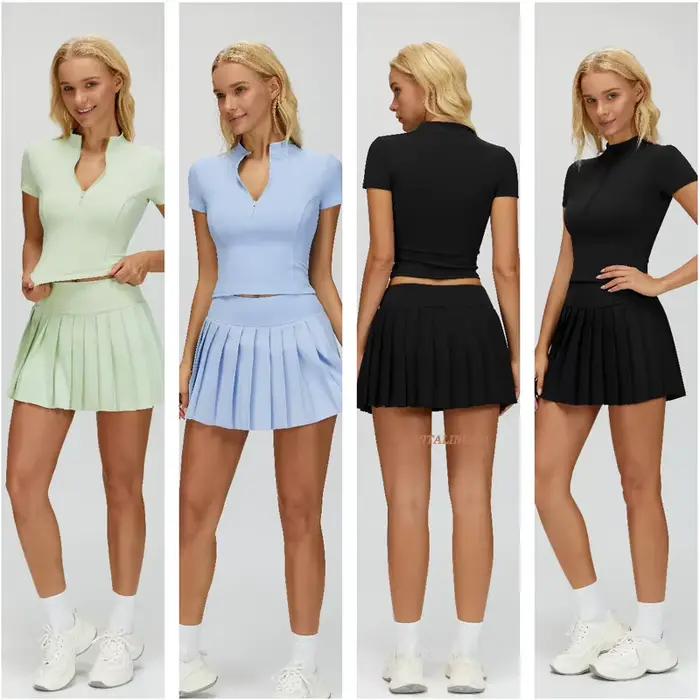 VITALINOVO ensembles de jupes de Tennis pour femmes fermeture éclair col en V chemises haut assorti taille haute plissé