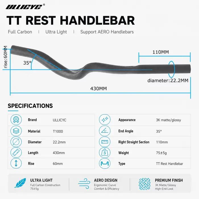 ULLICYC vélo de route Triathlon temps d'essai, repose-vélo entièrement en carbone mat/brillant 3K guidon TT 35 ° Pour guidon d'extension Aero