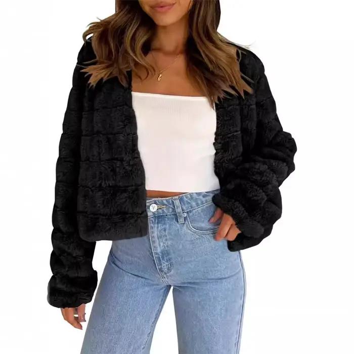 Veste courte en fausse fourrure pour femme, à manches longues, avec patte de boutonnage sur le devant, vêtement féminin moelleux, simple et polyvalent, en peluche
