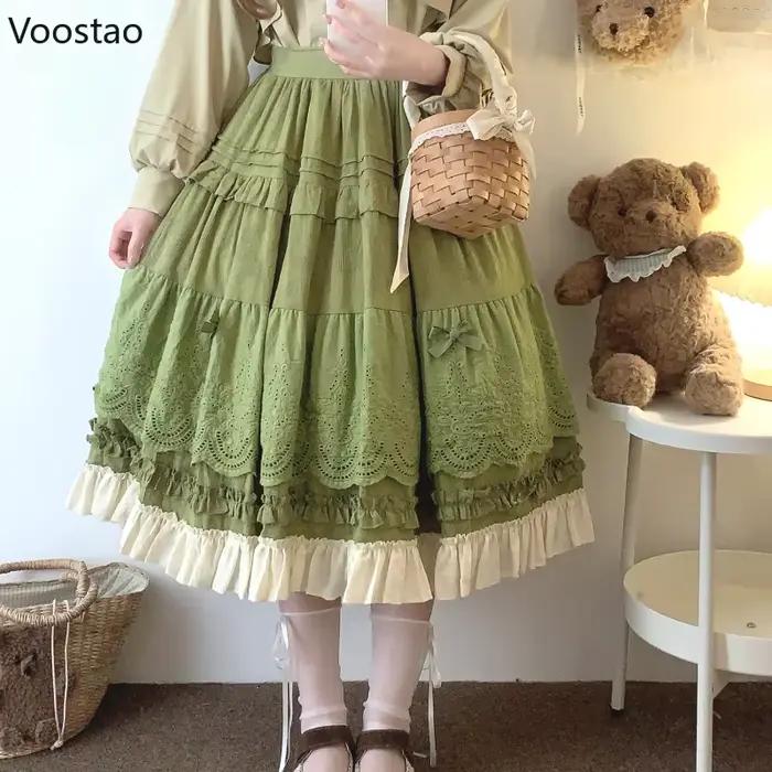 Mori Girl Style Lolita jupe Midi femmes Vintage broderie dentelle florale nœud volants jupes longues femme Prairie Chic