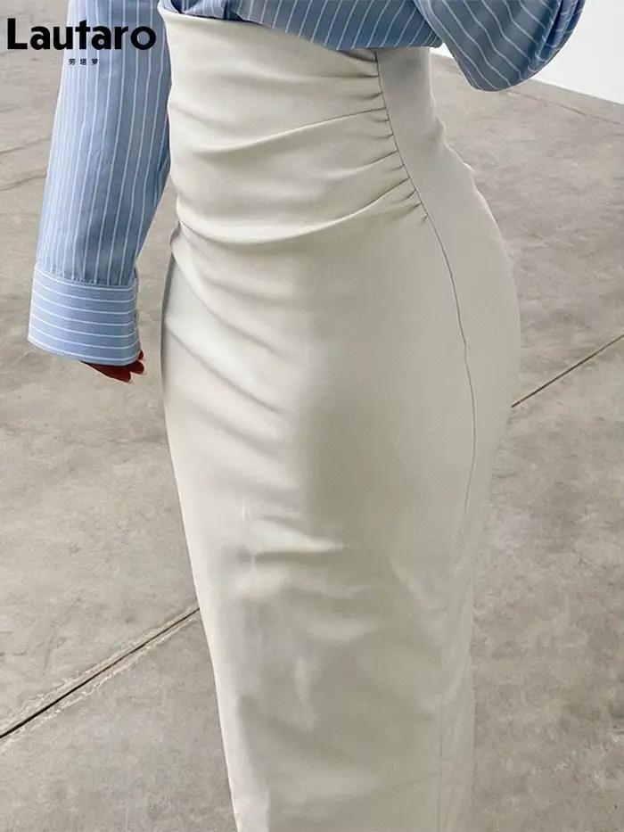 Lautaro-Jupe crayon froncée en cuir PU souple et extensible pour femme