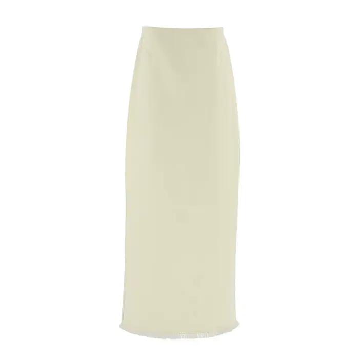 Jupe droite taille haute en coton kaki clair à bords effilochés style vintage Printemps 2026