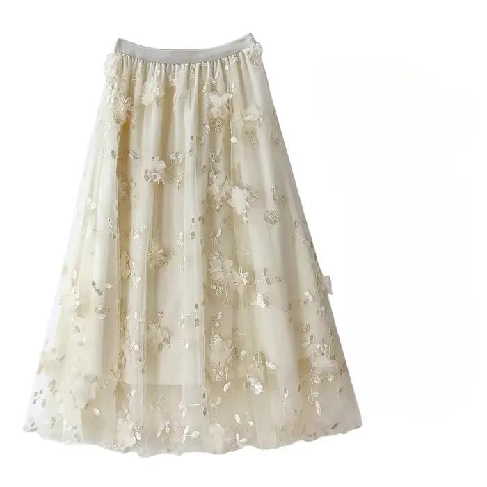 Jupe mi-longue en tulle taille haute brodée de fleurs 3D pour femmes