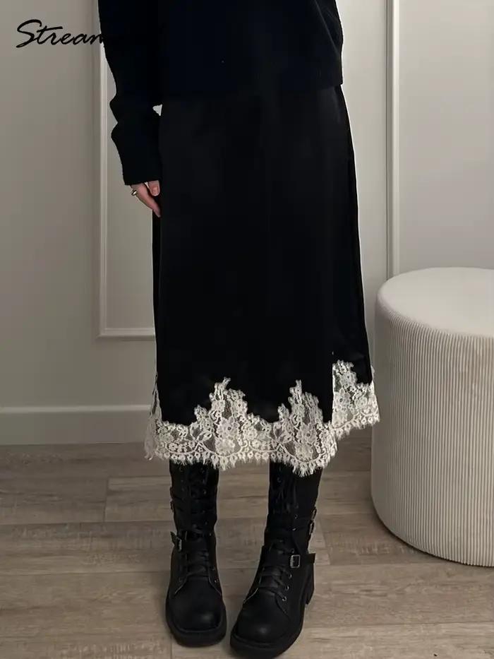 Jupe midi en satin avec dentelle marron pour femme